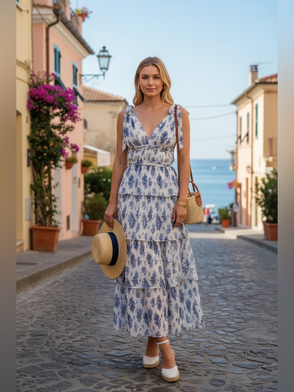 Anthro X Bellevue|floral blue toile Sleeveless Tiered Maxi Dress|$164 retail med